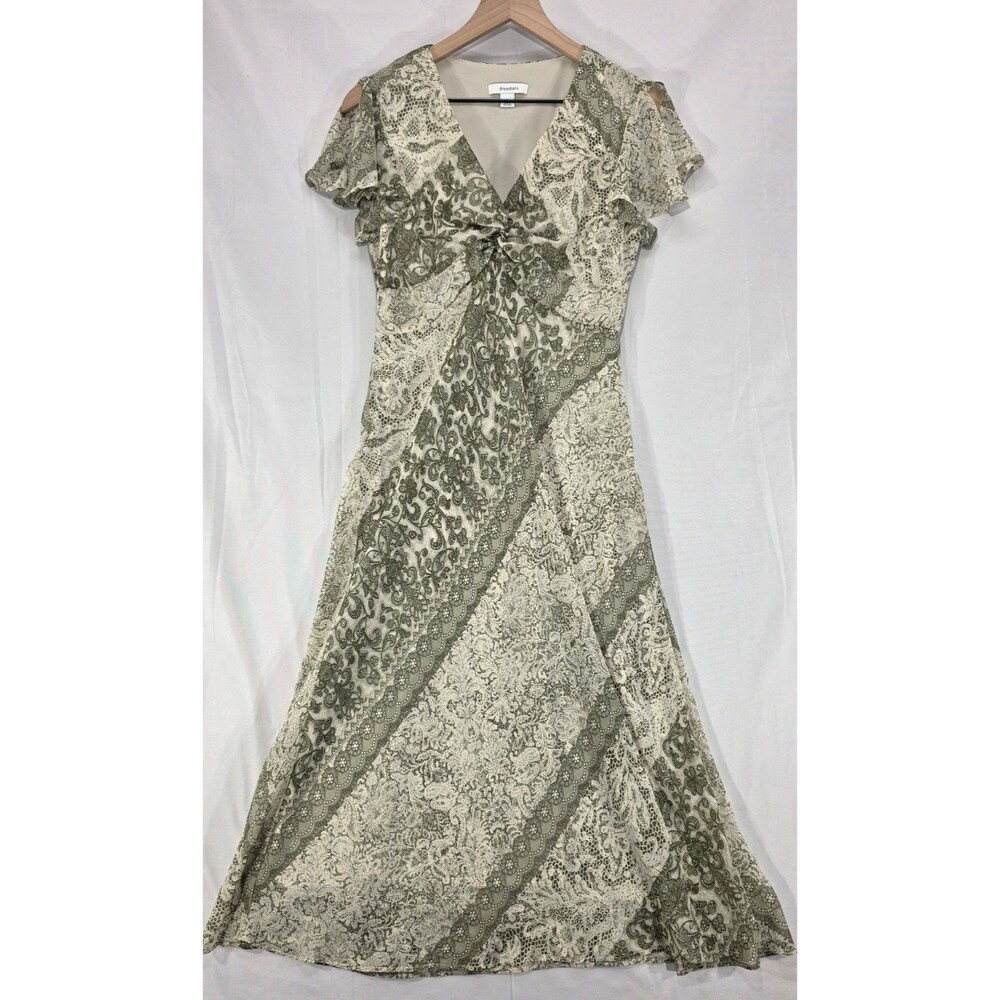Vintage 90s Y2K Green Floral Midi Dress Women's 8 Flowy Romantic Fairy Grunge